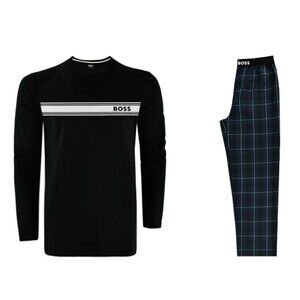 HUGO BOSS Sleepwear Mens Large Black Shirt Blue Plaid Pants PJs Set Lounge